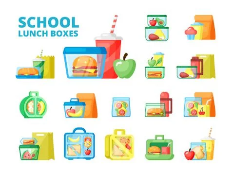 School lunch boxes flat vector illustrations set Stock Illustration