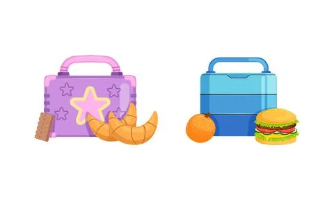 School Lunch Boxes Set, Healthy Food Packages with Croissant, Cookie, Burger Stock Illustration