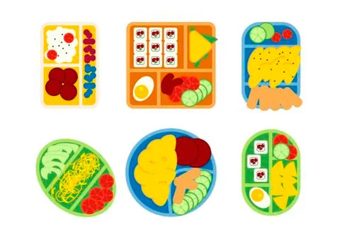 School lunch boxes set, isolated vector illustration. Snacks in plastic color 스톡 일러스트