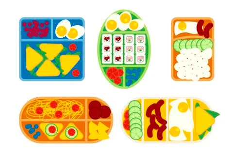School lunch boxes set, isolated vector illustration. Snacks in plastic color Stock Illustration