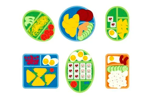 School lunch boxes set, isolated vector illustration. Snacks in plastic color 스톡 일러스트