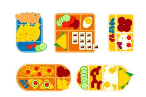 School lunch boxes set, isolated vector illustration. Snacks in plastic color 스톡 일러스트