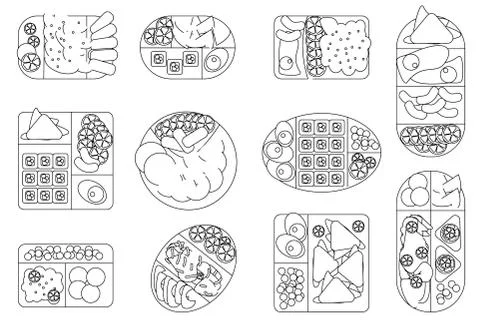 School lunch boxes set, isolated vector illustration. Snacks in plastic conta Stock Illustration
