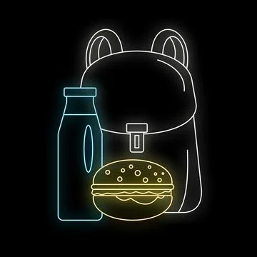 School lunch concept with backpack and neon outlines Stock Illustration