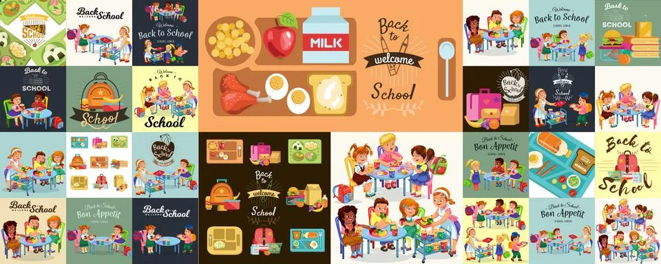 School lunch set, Composition of posters with pupils lunch canteen interior Stock Illustration