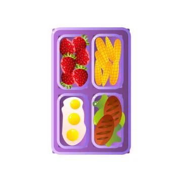 School Lunch Tray with Corn Cobs, Fried Eggs, Cutlets and Strawberries Vector Stock Illustration