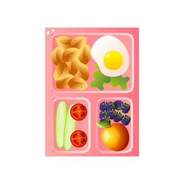 School Lunch Tray with Fried Egg and Pasta, Vegetables, Fruits Vector Stock Illustration