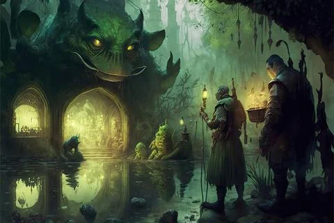 A School Of Magic At The Bottom Of A Lake Stock Illustration