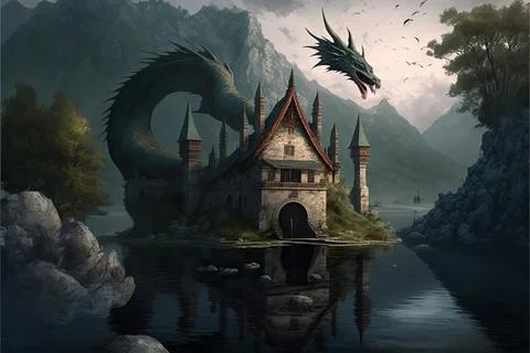 A School Of Magic By A Large River Stock Illustration