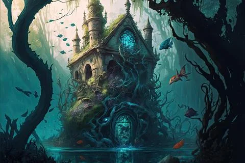 A School Of Magic On A Peninsula Stock Illustration