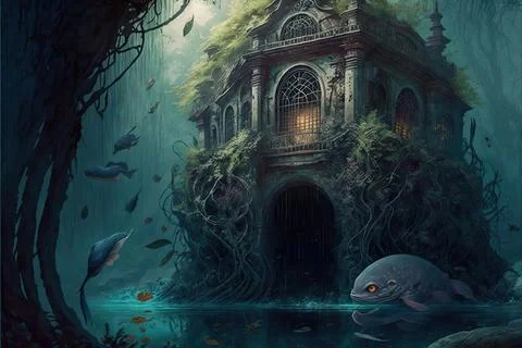 A School Of Magic In A Tropical Oasis Stock Illustration