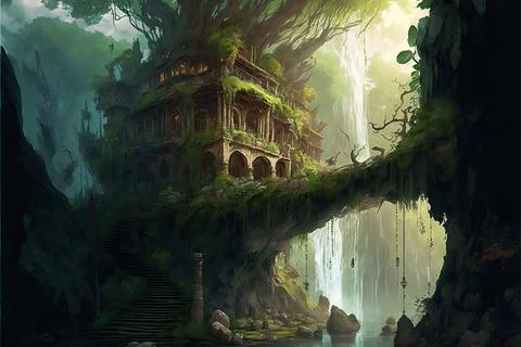 A School Of Magic In A Tropical Oasis Stock Illustration