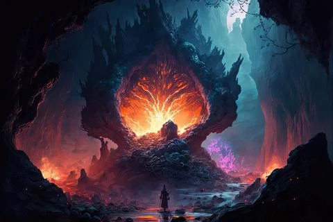 A School Of Magic On A Volcano Stock Illustration