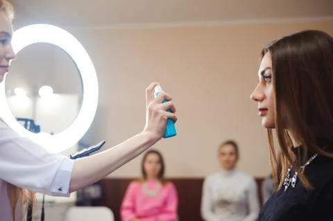 School of makeup. Students of a professional make-up artist Stock Photos