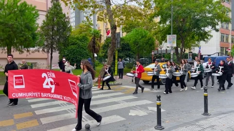 School marching band and Republic Day parade in Atakoy, Istanbul Stock-Footage 332728584