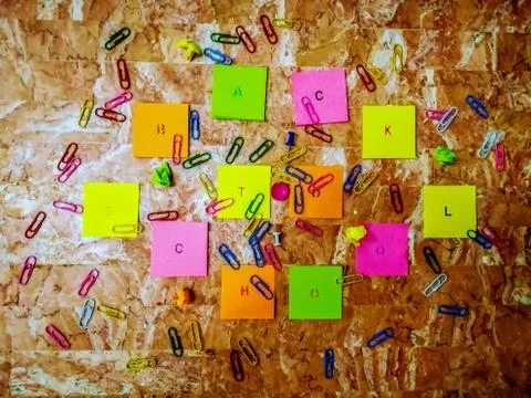 School material in composition on brown background Stock Photos