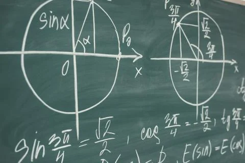 School math lesson. Trigonometry. Chalkboard Function graphs. Stock Photos