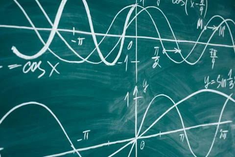 School math lesson. Trigonometry. Chalkboard Function graphs. Stock Photos