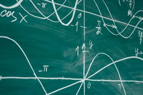 School math lesson. Trigonometry. Chalkboard Function graphs. Stock Photos