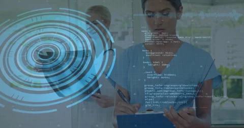 In school, medical professionals using digital interface with animation coding Stock Footage 304957619