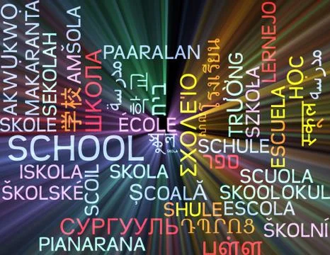 School multilanguage wordcloud background concept glowing Illustrazione stock