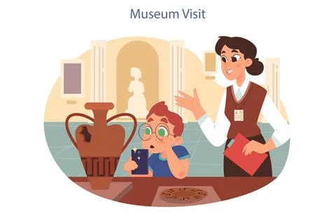 School museum visit. Students studying history and natural science at Stock Illustration