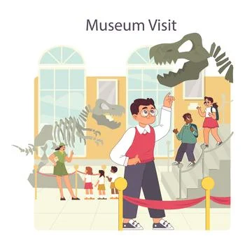 School museum visit. Students studying history and natural science Stock Illustration