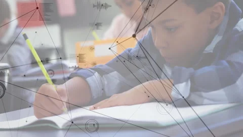 In school, network of connections and data processing animation over student Stock Footage 303878365