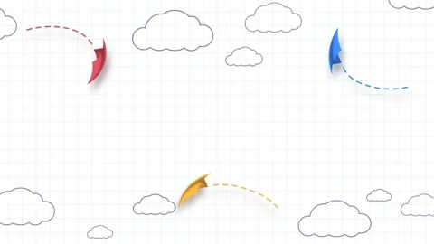 School notebook background. 3d flying yellow, red and blue paper airplanes in th Stock Footage 254883802