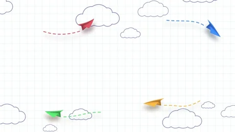 School notebook background. 3d flying yellow, red and blue paper airplanes in th Video stock 254883803