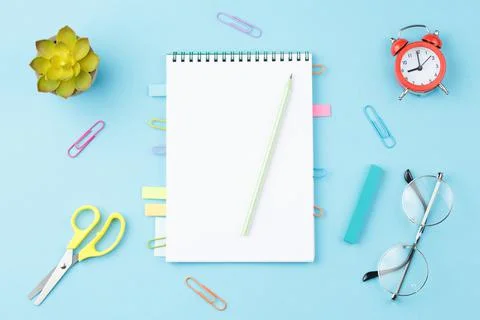 School notebook with bookmarks. Flat lay. Stock-Fotos