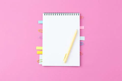 School notebook with bookmarks. Top view. Stock-Fotos