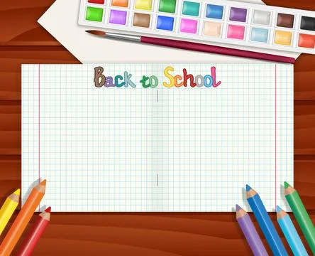 School notebook for learning writing on background with colored pencils and.. Stock Illustration
