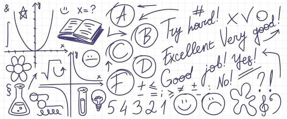 School notebook page with math and science doodles Ilustración de archivo