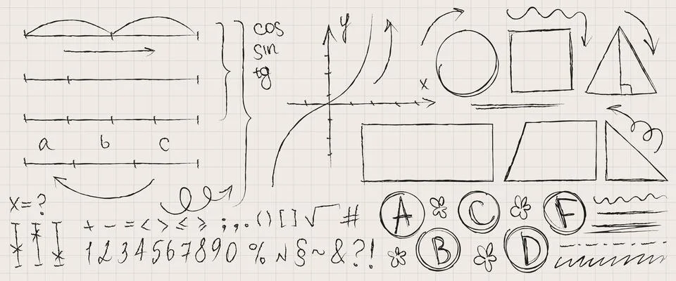 School notebook page with math and science doodles Ilustración de archivo