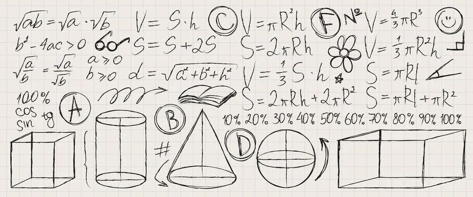 School notebook page with math doodle and formulas Ilustración de archivo