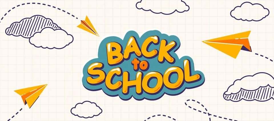 School notebook vector background. Flying yellow paper planes with dash track Stock Illustration