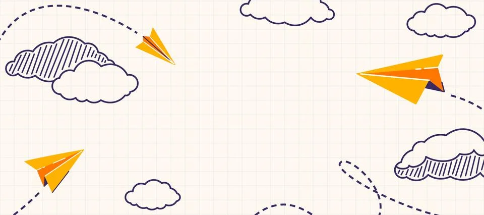 School notebook vector background. Flying yellow paper planes with dash track イラスト素材