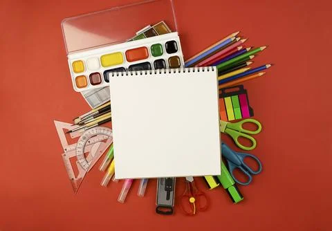 School office on a red background with a circle in the center. Stock Photos
