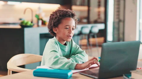 School, online class and child on laptop in home for elearning, studying and Stock Footage 301378946