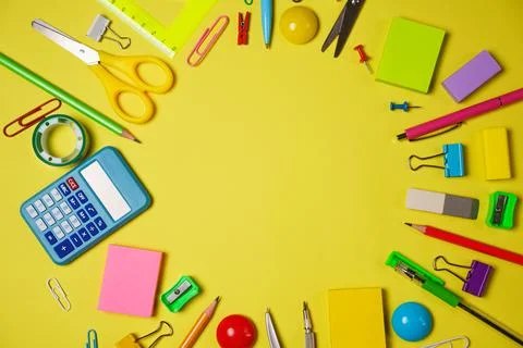 School or office workspace with colored supplies in form circle with space Stockfoto's
