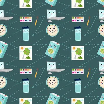 School pattern with elements of stationery, books, simple shapes, notes 스톡 일러스트