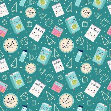 School pattern with elements of stationery, books, simple shapes, notes Stock Illustration
