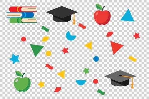 School pattern with graduation caps, books, apples and colorful geometric shapes Stock Illustration