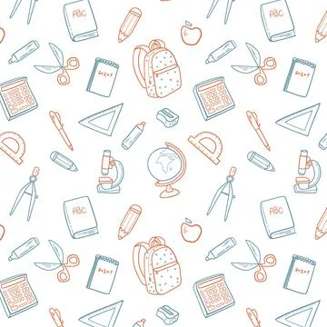 School pattern. School subjects outline. Sketch style pattern. Shool icons Ilustración de archivo