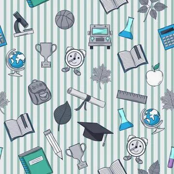 School pattern on striped background Seamless School pattern on blue strip... 写真素材