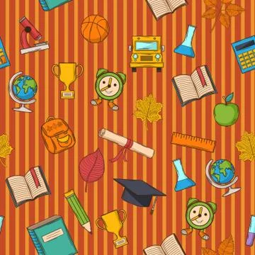 School pattern on striped orange  background Stock Illustration