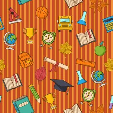 School pattern on striped orange background Vector seamless School pattern... Foto stock