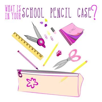 School pencil case staff vector set of elements. Educational clipart collecti Stock-Illustration