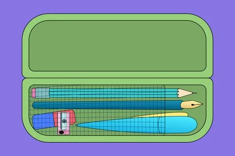 School Pencil Case with Stationery Tools Stock Illustration